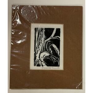 Vintage mid century linoleum block print art stork bird